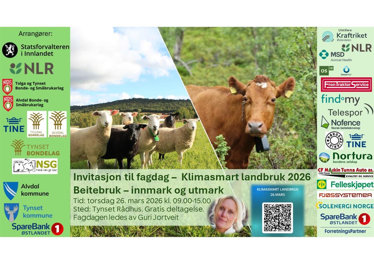 Invitasjon til fagdag Klimasmart landbruk 2026 Beitebruk innmark og utmark Tid: torsdag 26. mars 2026 kl. 09.00- 15.00 Sted: Tynset Rådhus. Gratis deltagelse . Fagdagen ledes av Guri Jortveit