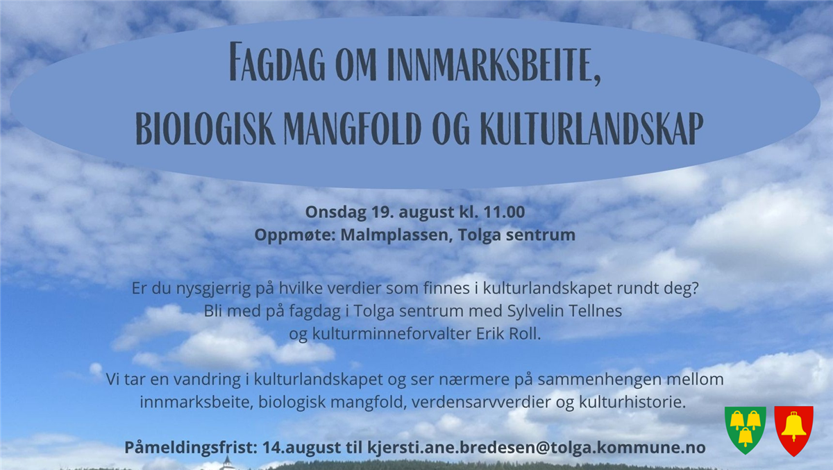 Er du nysgjerrig på hvilke verdier som finnes i kulturlandskapet rundt deg? Bli med på fagdag i Tolga sentrum med Sylvelin Tellnes og kulturminneforvalter Erik Roll. Vi tar en vandring i kulturlandskapet og ser nærmere på sammenhengen mellom innmarksbeite, biologisk mangfold, verdensarvverdier og kulturhistorie. 