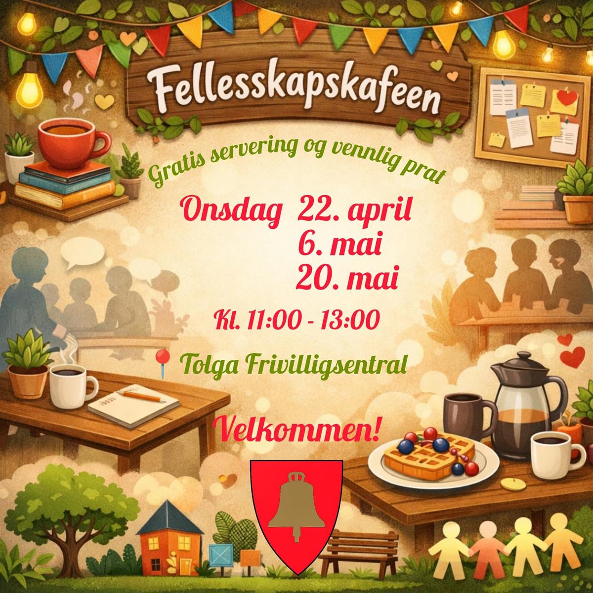 Fellesskapskafeen - Gratis servering og vennlig prat. 22. april, 6.mai, 20. mai kl 11.00-13.00