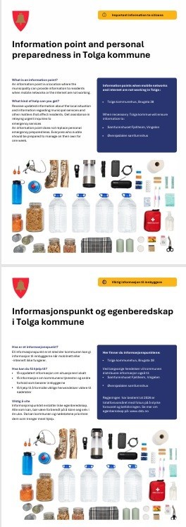informasjonsplakat om egenberedskap og informasjonspunkter i Tolga kommune - Klikk for stort bilde